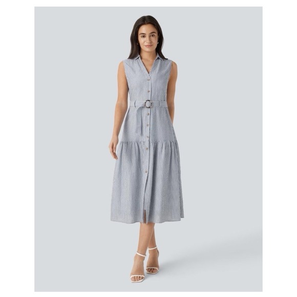 HALARA Dresses & Skirts - Halara V Neck Sleeves Midi Button Down Summer Vacation Dress Size Medium NWT